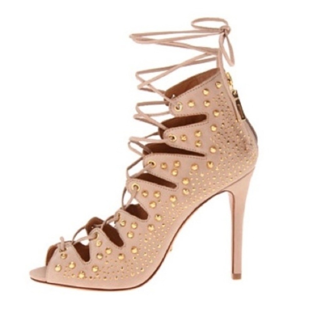 Schutz 8 Arieli Heeled Sandals Gladiator Lace Up Studded Cage Stiletto Tan Suede